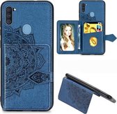 Voor Samsung Galaxy A11 Mandala Reliëf Magnetische Doek PU + TPU + PC Case met Houder & Kaartsleuven & Portemonnee & Fotolijst & Riem (Blauw)