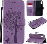 Voor Xiaomi Redmi 9A Tree & Cat Pattern Pressed Printing Horizontale Flip PU lederen tas met houder & kaartsleuven & portemonnee & lanyard (lichtpaars)