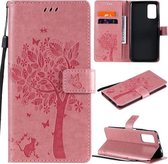 Voor Xiaomi Redmi Note 9 4G Tree & Cat Pattern Pressed Printing Horizontale Flip PU Leather Case met houder & kaartsleuven & portemonnee & Lanyard (roze)