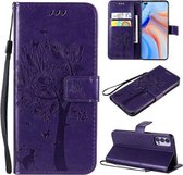 Voor Oppo Reno4 5G Boom & Kat Reliëfpatroon Horizontale Flip Leren Case met Houder & Kaartsleuven & Portemonnee & Lanyard (Paars)