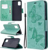 Voor Samsung Galaxy A31 Twee vlinders reliëfpatroon horizontaal Flip lederen tas met houder & kaartsleuf & portemonnee & lanyard (groen)
