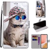 Voor Samsung Galaxy A72 5G Gekleurde Tekening Cross Textuur Horizontale Flip PU Lederen Case met Houder & Kaartsleuven & Portemonnee & Lanyard (Slant Hat Blue Mirror Cat)