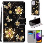 Voor Samsung Galaxy A52 5G Gekleurde Tekening Cross Textuur Horizontale Flip PU Lederen Case met Houder & Kaartsleuven & Portemonnee & Lanyard (Goud Diamant Vlinder)