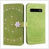 Voor Galaxy S10 Plus Pressed Printing Sticking Drill Pattern Horizontal Flip PU Leather Case with Holder & Card Slots & Wallet & & Lanyard (Green)