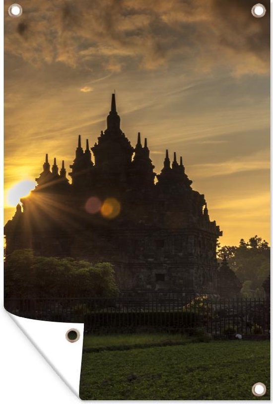 Tuinposter - Tuindoek - Tuinposters buiten - Yogyakarta - Silhouette - Ochtend - 80x120 cm - Tuin