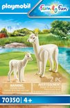 Playmobil verpakking van 'Alpaca met baby', met afbeelding van de witte alpaca's in een landschap en waarschuwingstekst.