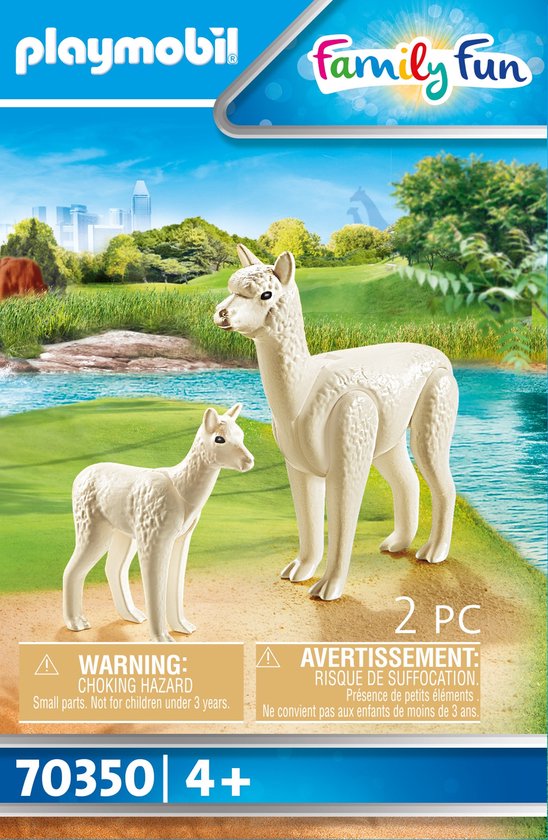 Playmobil verpakking van 'Alpaca met baby', met afbeelding van de witte alpaca's in een landschap en waarschuwingstekst.