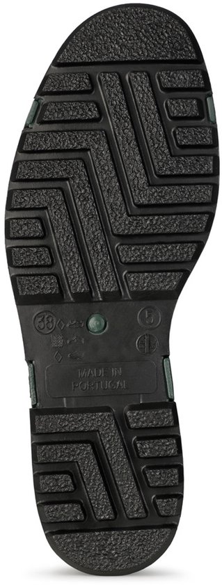 Zool van een groene Dunlop regenlaars met zigzagprofiel en 'Made in Portugal'.
