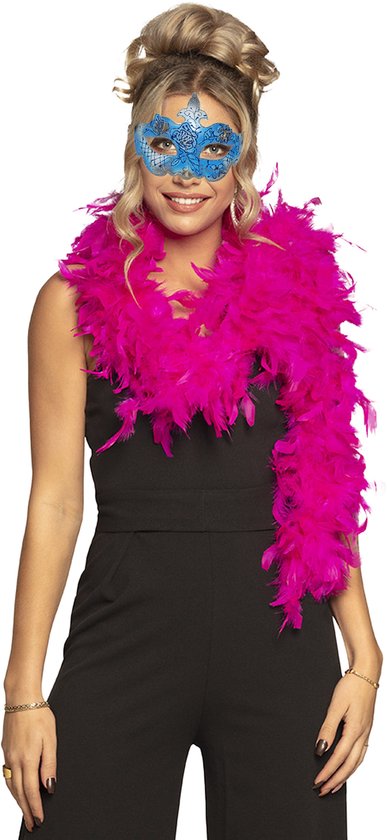 Funny Fashion Venetiaans oogmasker in het blauw - Met dikke veren Boa in het roze - 180 cm - Dames - carnaval
