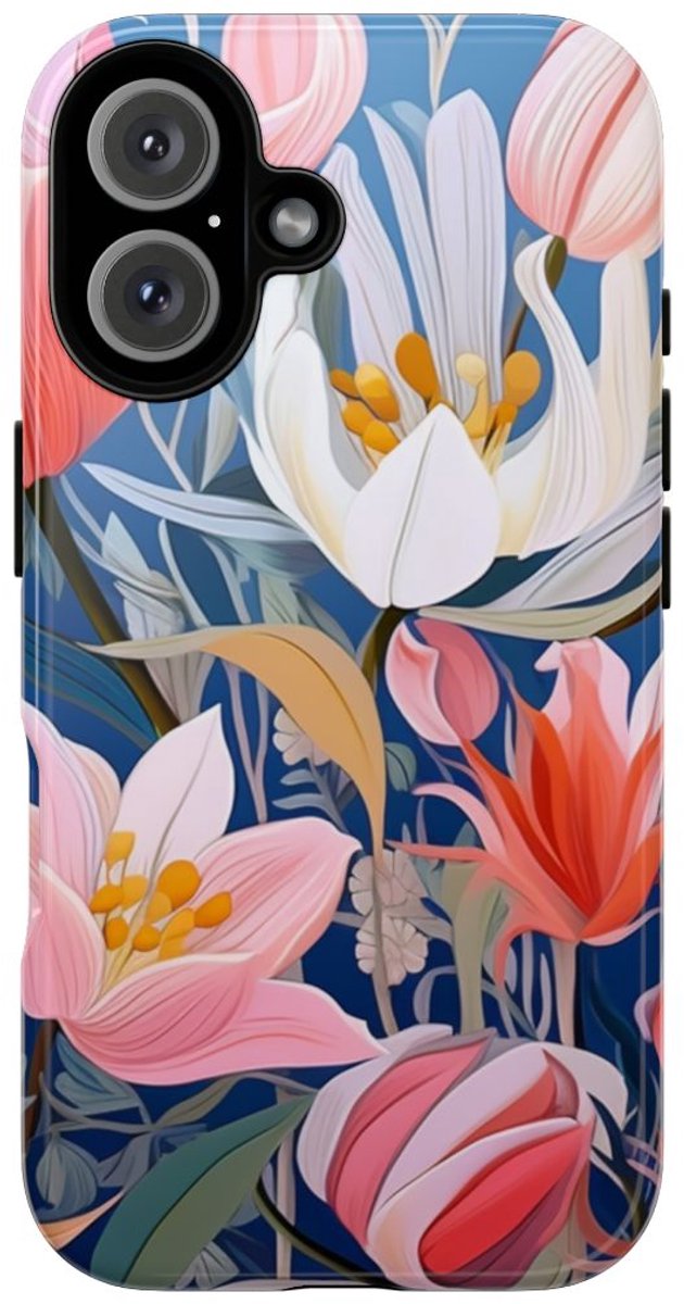 Roze en Witte Bloemen op Blauwe Achtergrond – Telefoonhoesje Geschikt voor iPhone 16