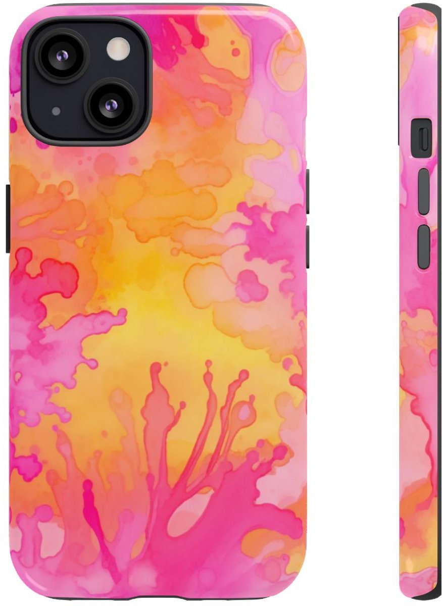 Roze en Oranje Abstracte Inktspatten – Telefoonhoesje Geschikt voor iPhone 13