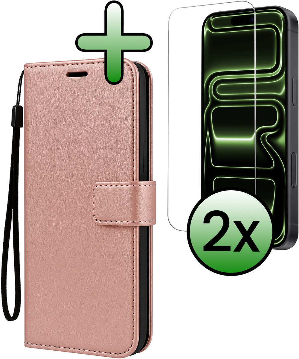 Hoesje Met 2x Screenprotector - Geschikt voor Apple iPhone 17 Pro - Luxe Pasjeshouder - Bookcase Portemonee - Flip Case - Kunstleer Book Case - Flipcase Hoes - Book Cover - Walletcase - Portemonneehoes - Rosé goud