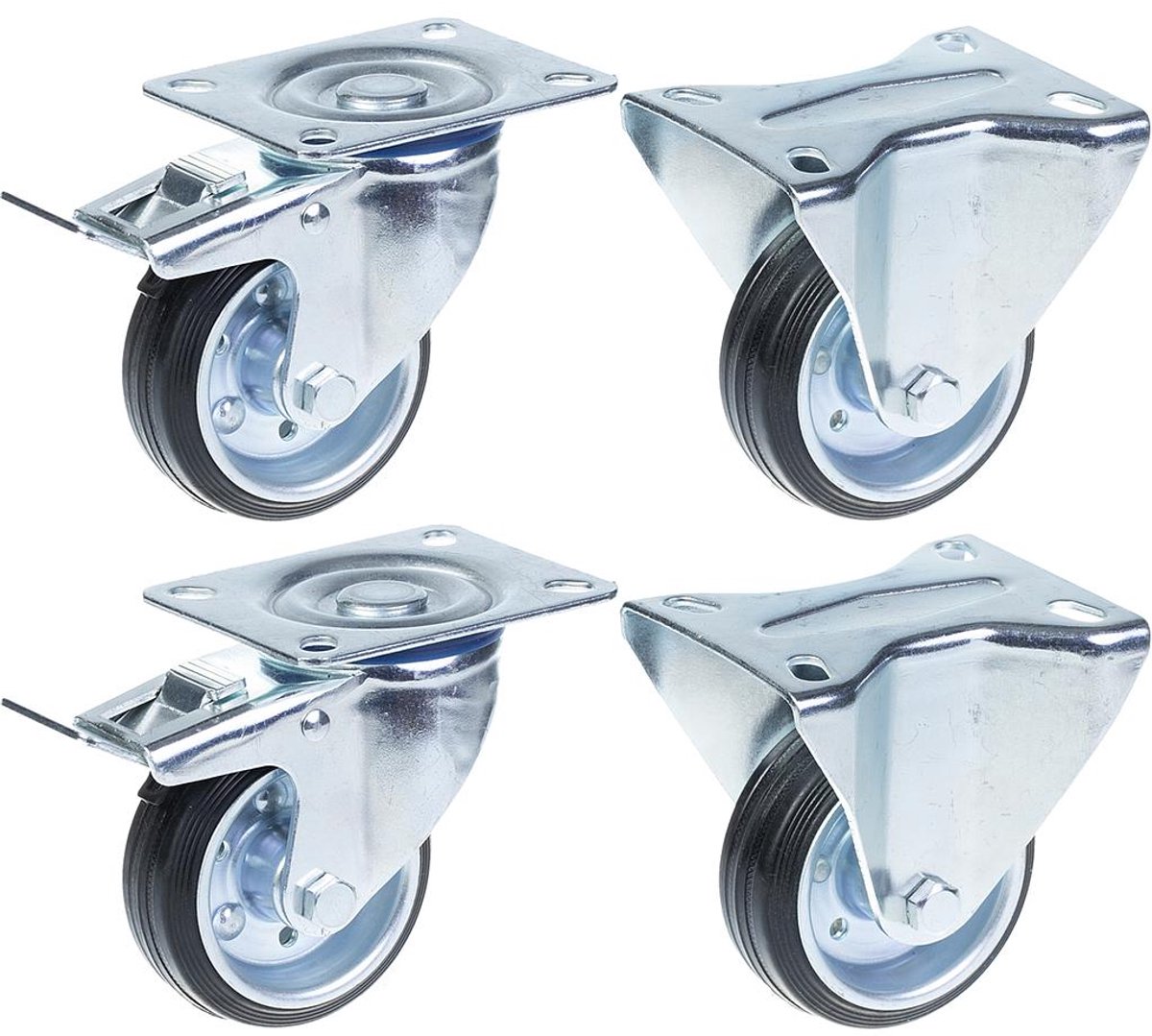 80 mm (3") rubberen zwenkwiel, met rem en vast, sterk, draagvermogen 280 kg, set van 4
