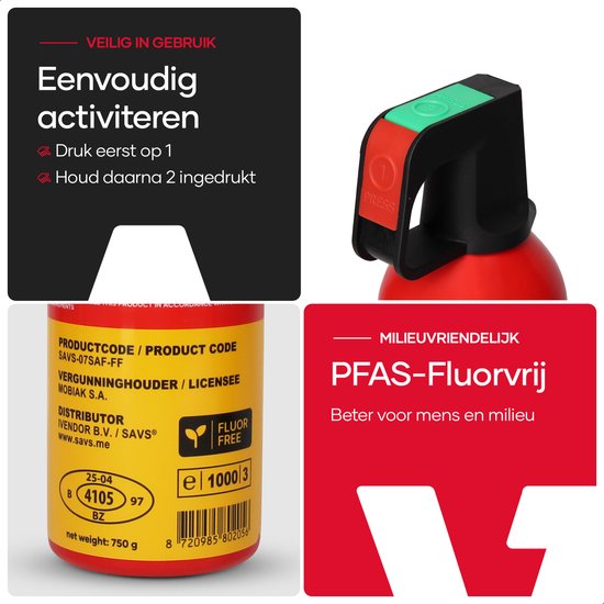Rode sprayblusser met zwarte spuitmond en groene knop. Duidelijk label met gebruiksaanwijzing.
