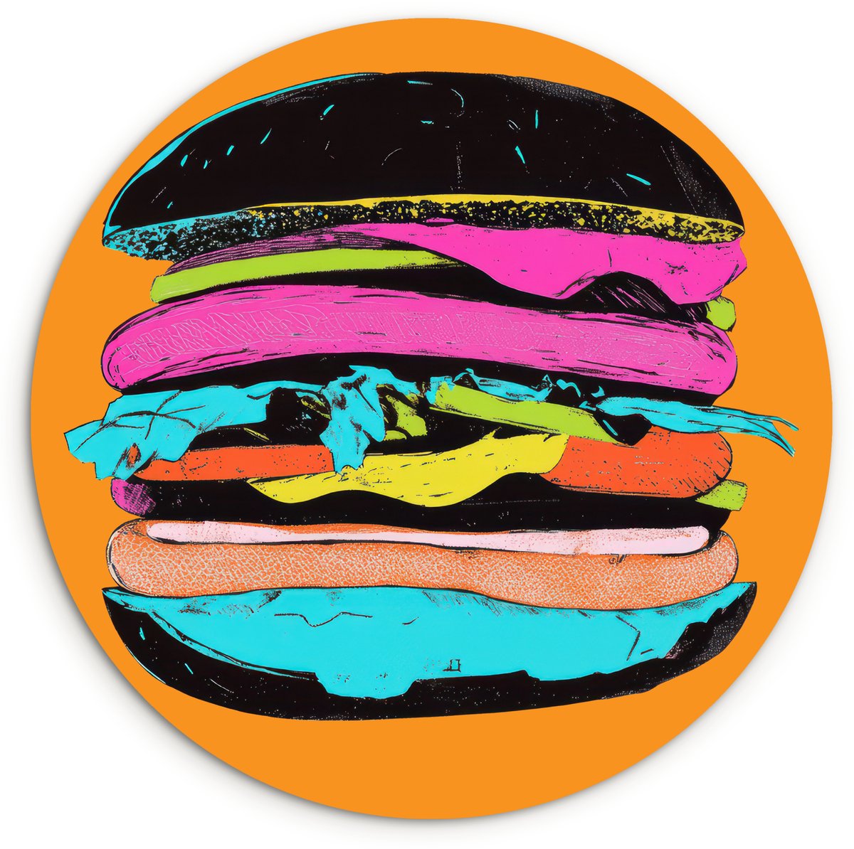 WallCircle Wandcirkel 150x150 cm - Muurcirkel Hamburger - Kleurrijk - Speels - Muurdecoratie woonkamer - Wanddecoratie slaapkamer - Kamer decoratie accessoires - Ronde schilderijen