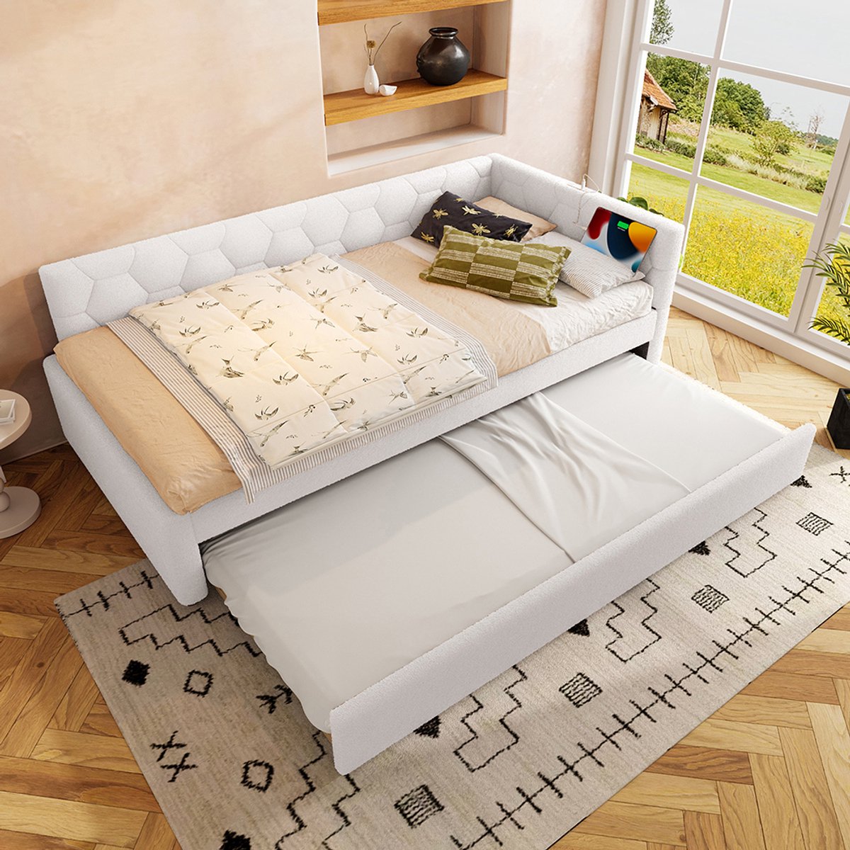 BLACKCOLORS Dagbed, 90*200 cm Dagbed, slaapbank, bed met lattenbodem (zonder matras), met nachtlampje, met multifunctioneel uitschuifbed, USB-poort, type C, comfortabel materiaal, imitatie fleece, wit