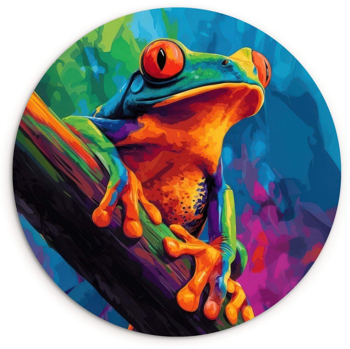 WallCircle Wandcirkel 90x90 cm - Muurcirkel Kikker - Felgekleurd - Tak - Regenboog - Muurdecoratie woonkamer - Wanddecoratie slaapkamer - Kamer decoratie accessoires - Ronde schilderijen Kikker - Kleurrijk