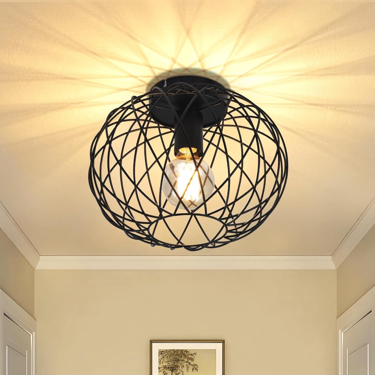 Glitzerlife - Plafondlamp - Zwart Industrieel Vintage 1-lichts - E27 Fitting - Rond Ø 25cm Metalen Kooi Lampenkap - Voor Hal Eetkamer Woonkamer Keuken Slaapkamer - Exclusief Lichtbron