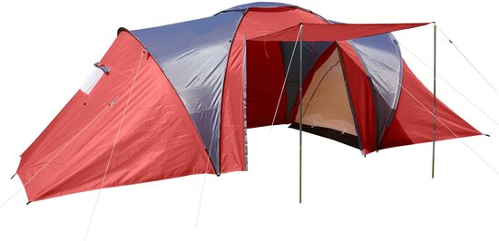 Rode en grijze koepeltent met luifel en meerdere ingangen, op witte achtergrond.