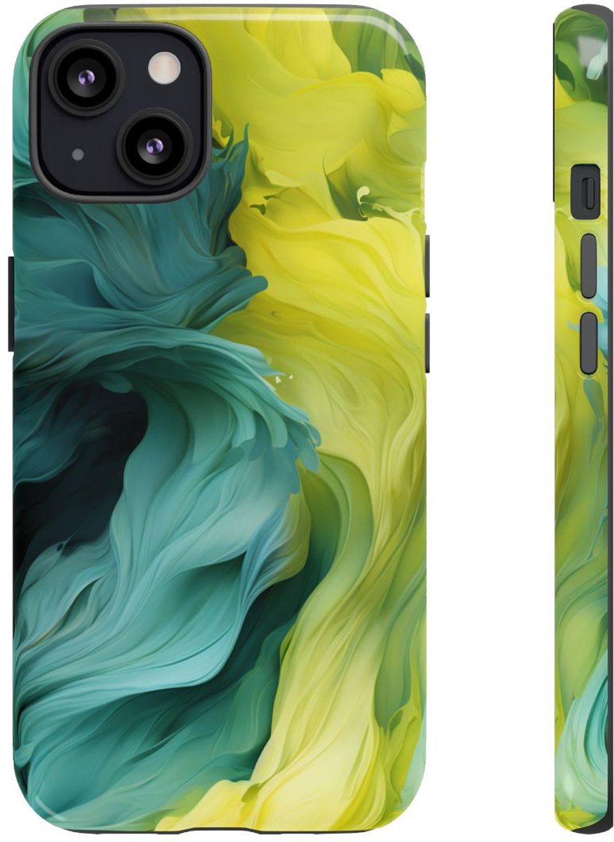 Vloeiend Gele en Groene Abstracte Kunst – Telefoonhoesje Geschikt voor iPhone 13