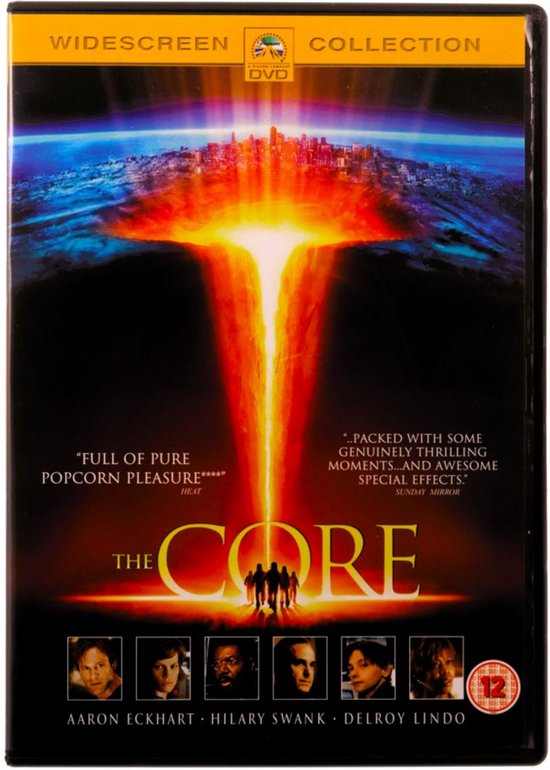 DVD-hoes van de film "The Core" met op de voorkant een felgele energiestraal die uit een stad omhoog schiet, met onderaan de gezichten van de cast.