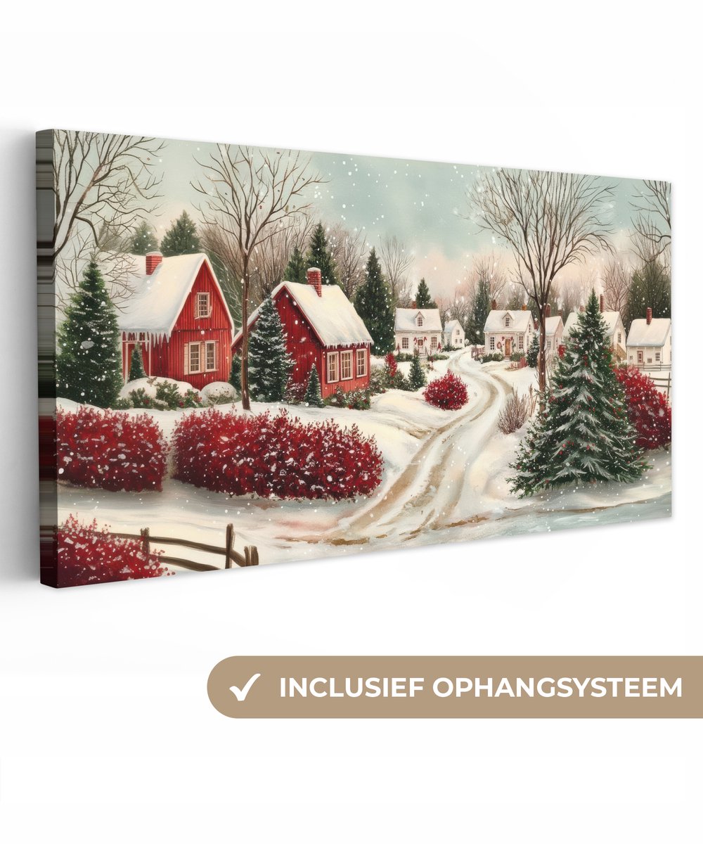 Canvas schilderij 100x50 cm - Exclusieve wanddecoratie Kerstsfeer - Landelijk - Rood - Muurdecoratie woonkamer - Kamer decoratie - Schilderijen op canvas - Kerstdecoratie voor binnen - Kerstversiering - Kerstmis versiering