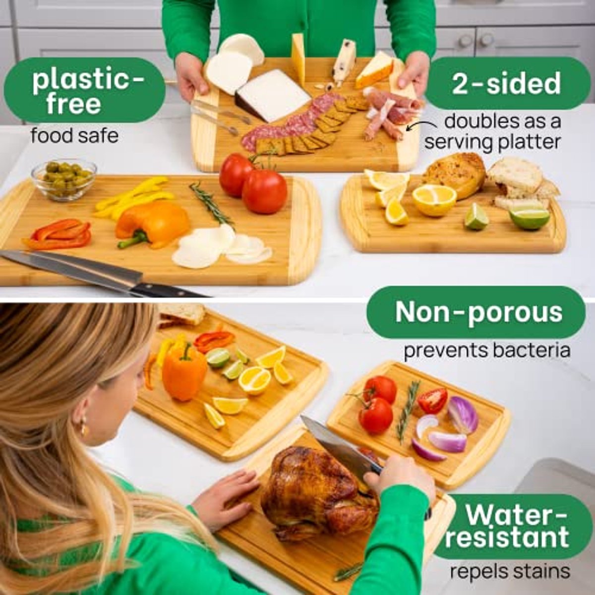 Bamboe Snijplank Set van 3 - Houten Snijplanken met Sapgroef voor Keuken, Vlees en Kaas