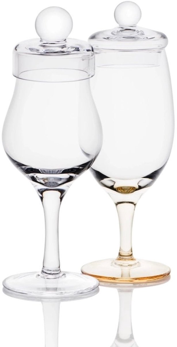 Amber Tasting Box – 2 handgemaakte whiskyglazen met deksels – Amber Glass