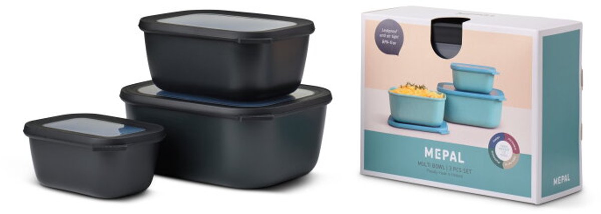 Mepal - Multikom Cirqula rechthoekig 3-delige set (750+1500+3000) - Mag in de vriezer, magnetron en vaatwasser – Nordic black – Meal prep bakjes - Bewaardozen met deksel