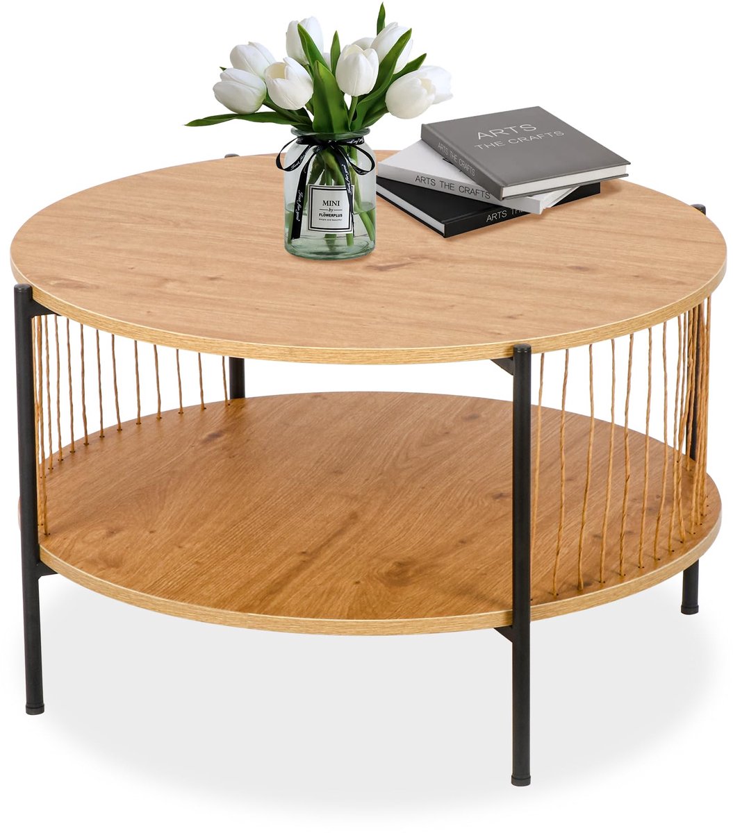 Azomor® Moderne ronde salontafel met twee niveaus in rustieke industriële stijl