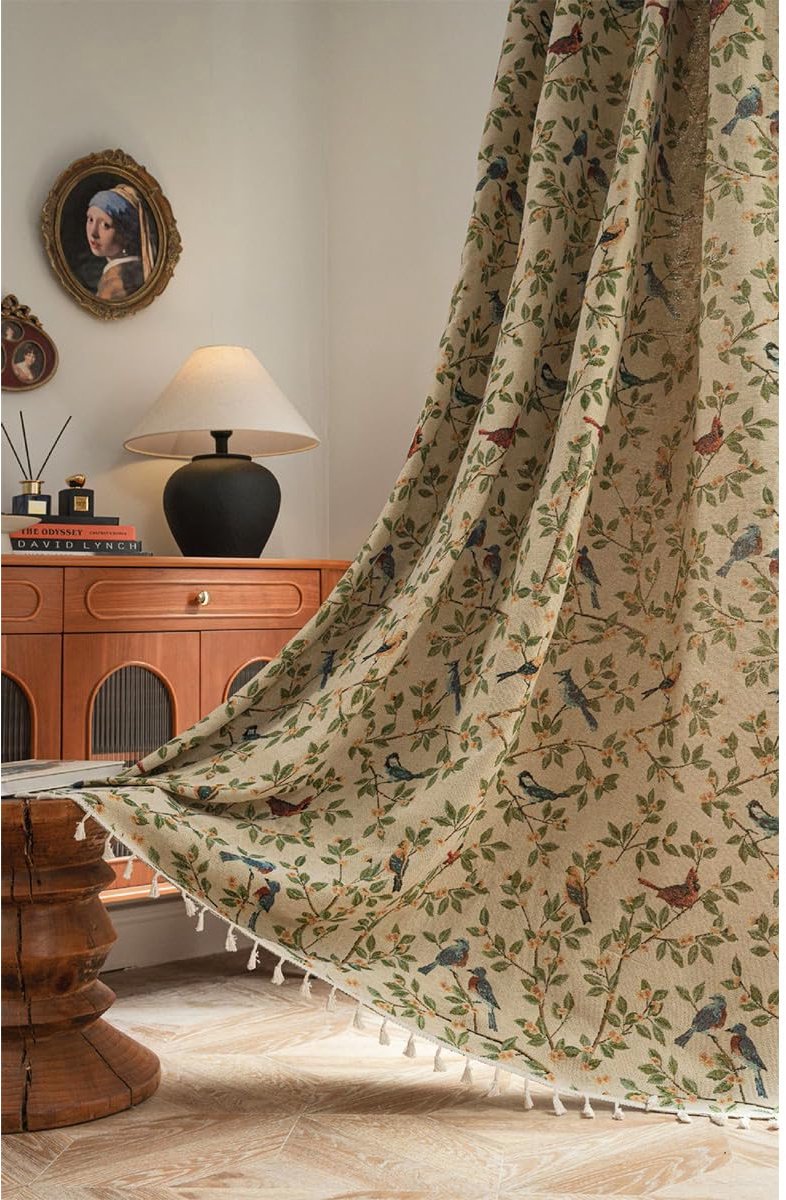 Azomor® Decoratieve gordijnen in landelijke stijl met vogelmotief en kwastjes 150 x 160 cm