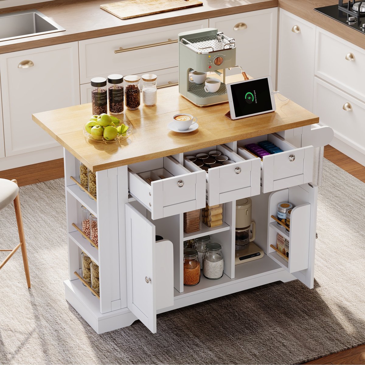 Sweiko Keukentafel - Opvouwbaar tafelblad - 3 lades - Kruidenrek - Handdoekenrek - Met stopcontact - Wit