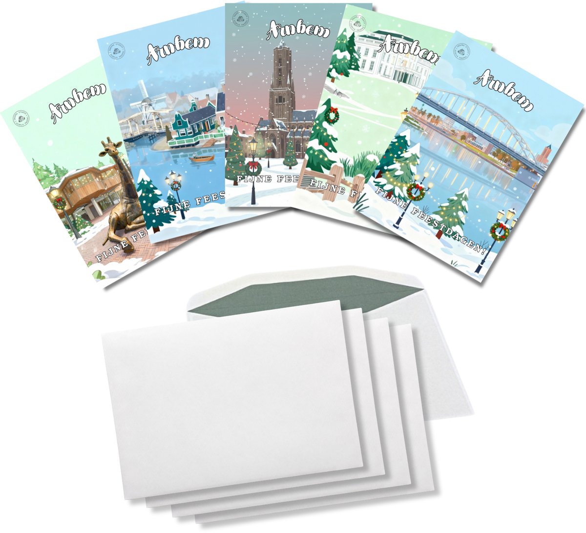 Inspra Studio – Luxe Kerstkaarten met Enveloppen – 5 Stuks – Arnhem Stad Wenskaarten – Artistieke Illustraties van Nederlandse Steden