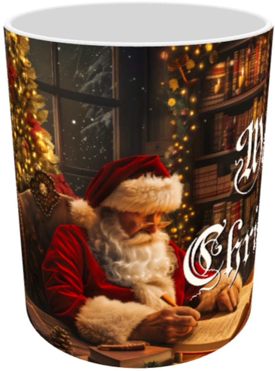Merry Christmas Santa Behind His Desk - Kerstman achter zijn Bureau Schrijft in zijn Grote Boek met Kerstboom Romantische Kerstmis Mok 330 ml
