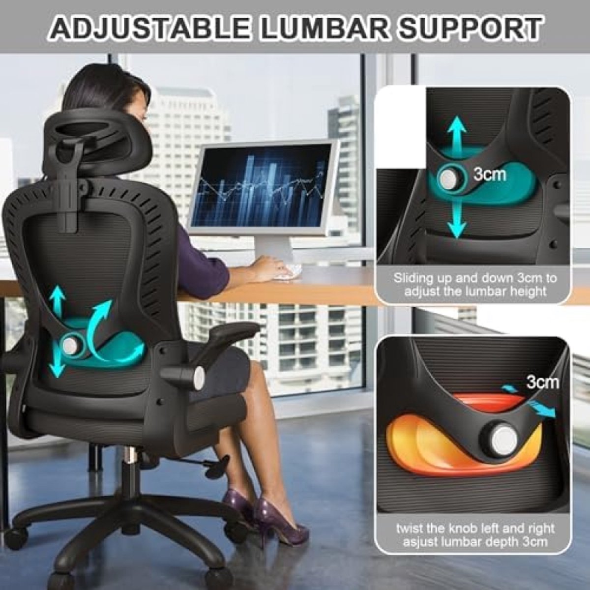 Bureaustoel, ergonomisch, met lendensteun, armleuningen, verstelbare hoofdsteun, computerstoel met hoge rugleuning, comfortabel, voor thuiskantoor thumbnail 2