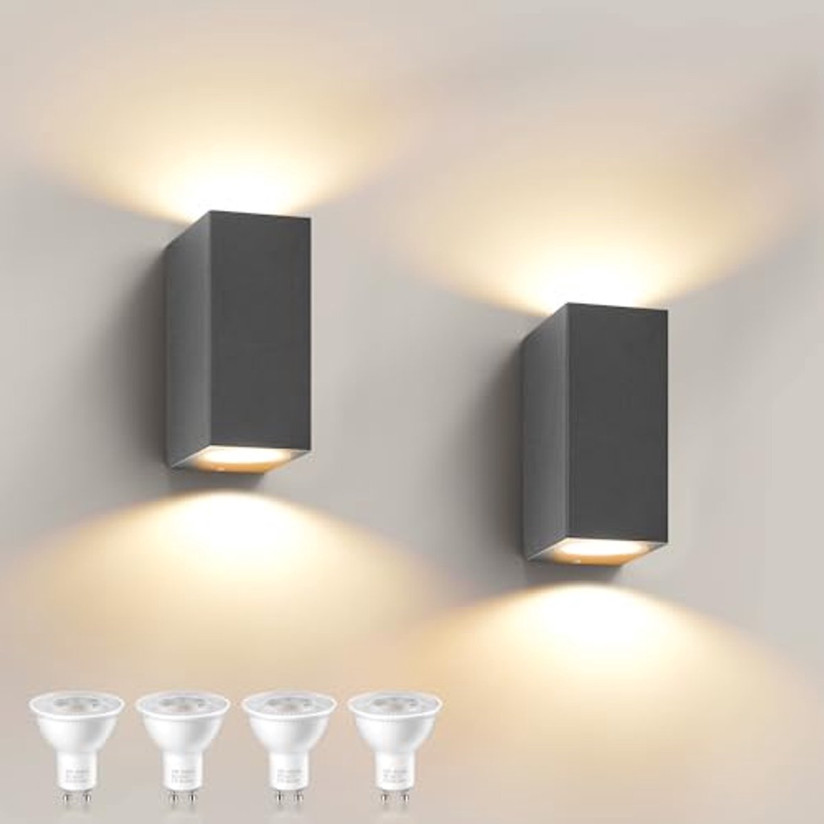 Wandlampen voor binnen en buiten, 2 stuks, waterdicht, 10W, warm wit licht, aluminium vierkant