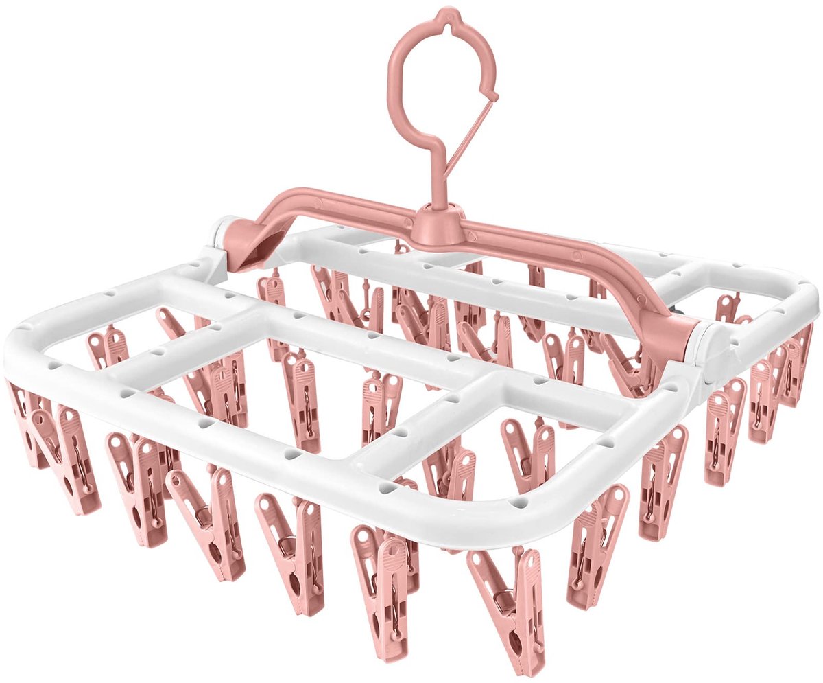 Droogrek - Opvouwbaar Winddicht met 40 Clips - Voor Sokken Ondergoed Babykleding Kleine Wasartikelen - Roze