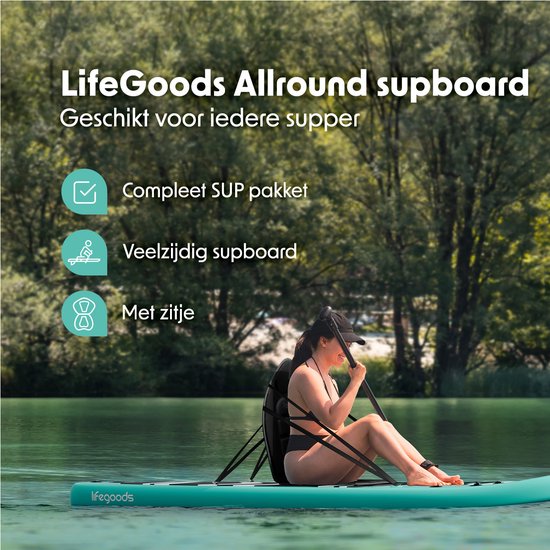 LifeGoods PaddlePro SUP Board - met Zitje - Opblaasbaar Paddle Board - Complete Set - Max. 150KG - 320x81cm - Mintgroen/Zwart