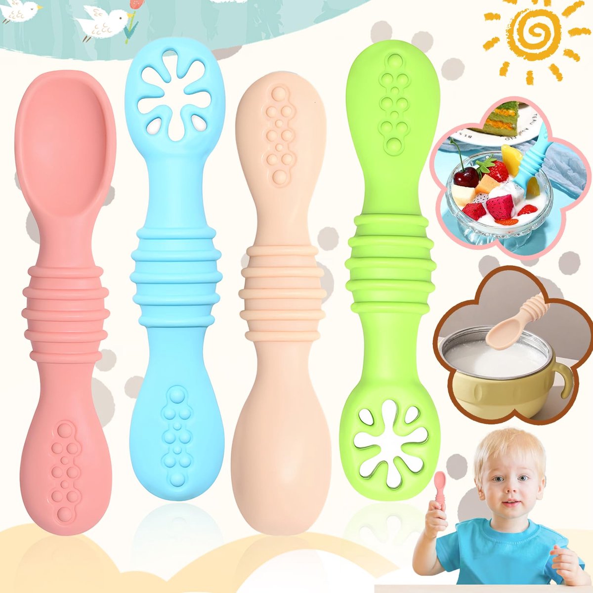 Image of 4Pcs Silicone Baby Spoons, Silicone Baby Spoons 4+ Months, Toddler Self Feeding Spoons, Learning Spoons for Babies, for 4-12 Months Babies (Apricot, Light Pink, Blue, Green)