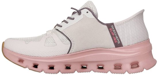 Roze schoenzool met bruine accenten en een grof profiel. "SKECHERS GLIDE-STEP" staat in het midden.