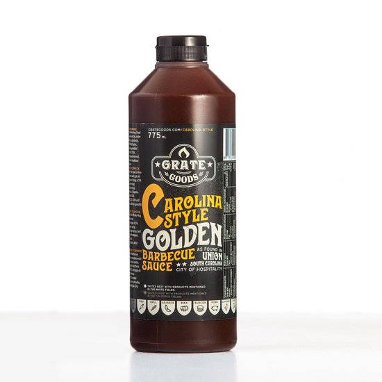 Fles Grate Goods Carolina Golden Barbecue Sauce met icoontjes van voedsel.