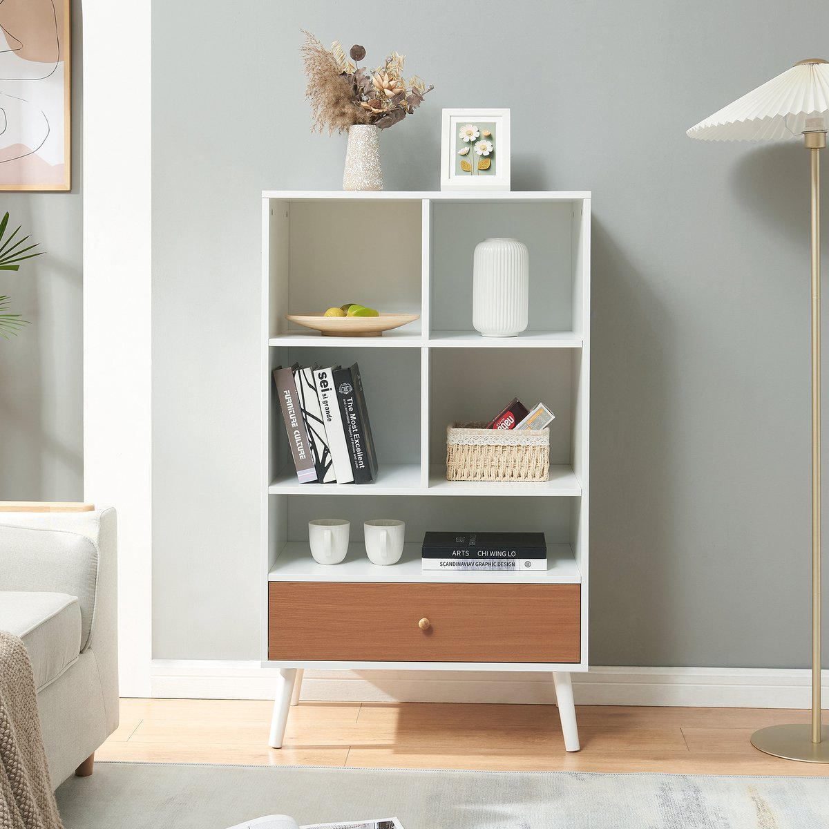en.casa Boekenkast Reyljand 120x70x40 cm wit en teak [en.casa]