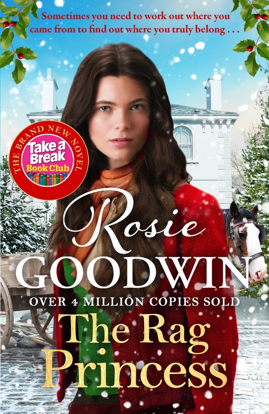 Een jonge vrouw met lang bruin haar, gekleed in een rode gebreide trui met kerstversiering, staat voor een besneeuwd landhuis met een paard op de achtergrond. Titel: The Rag Princess.