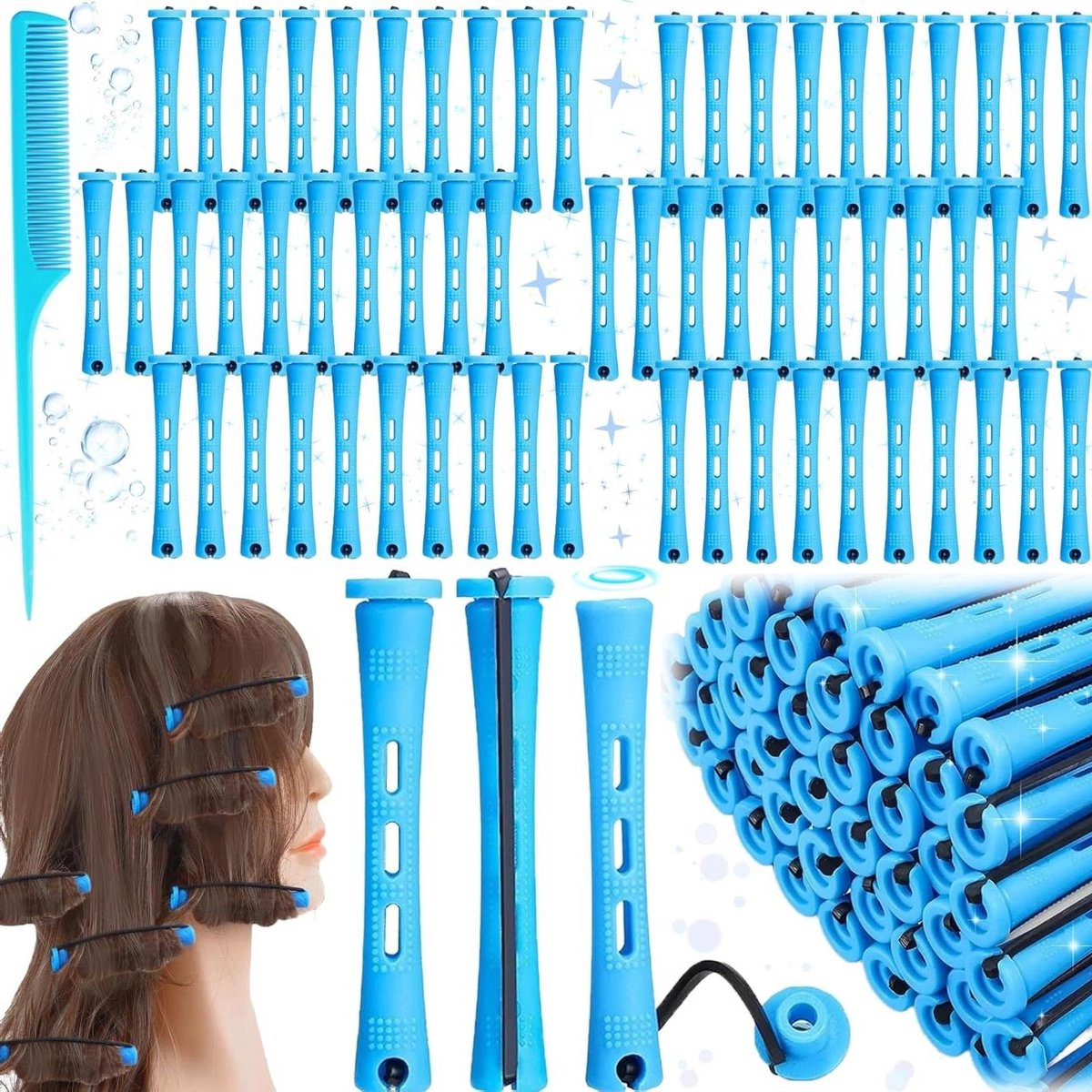 Jhubers Goods - Set van 60 Golvende Krulspelden met Pintailkam - Blauwe Plastic Haarrollers met Perm Kit voor Krullend Haar