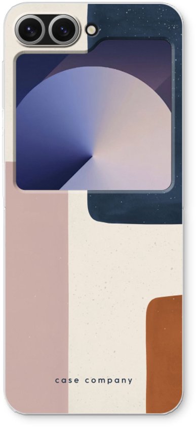 Telefoonhoesje met geometrisch patroon in beige, roze, bruin en donkerblauw, geplaatst op een witte achtergrond.