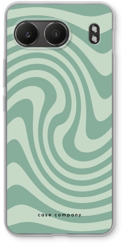 Telefoonhoesje met groene swirl print, met dubbele camera op de achterkant.