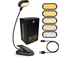 Omslag van Fienosa LED Leeslampje met Klem – USB Oplaadbaar – Flexibel & Verstelbaar Klemleeslamp – Dimbaar met 5 Kleuren & 4 Lichtstanden – Leeslampje voor Boek, Bed, Bureau & Camping – Filtert Blauw Licht