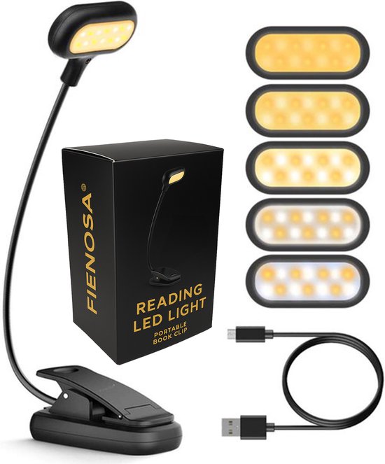 Fienosa LED Leeslampje met Klem – USB Oplaadbaar – Flexibel & Verstelbaar Klemleeslamp – Dimbaar met 5 Kleuren & 4 Lichtstanden – Leeslampje voor Boek, Bed, Bureau & Camping – Filtert Blauw Licht