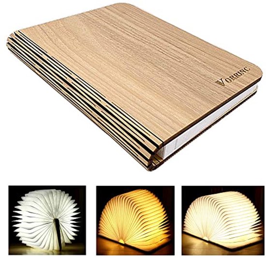 LOVUMMOR LED Boek Lamp, Magnetische Sfeerverlichting, Tafellamp Decoratieve Verlichting Nachtlampje Kinderen, USB-oplaadbare 360 ° Opvouwbaar Houten Bedlampje in Boekvorm, Geschenk