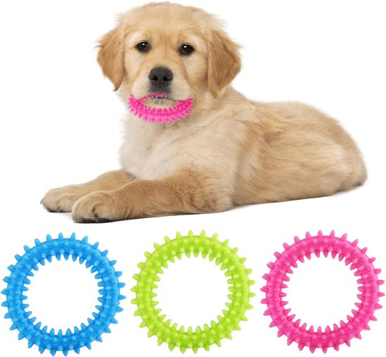Set 3 pièces - Jouet à mâcher Puppy - Anneau en caoutchouc à picots 360° - Nettoie la bouche et soulage les démangeaisons dentaires - Jouet à mâcher pour Klein chien - Rouge + Vert + Blauw